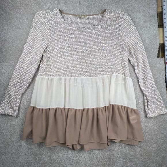 Oh Gussie Womens Blouse L Tan Cream Chiffon Peplum Layered Long Sleeve Knit - Picture 1 of 7